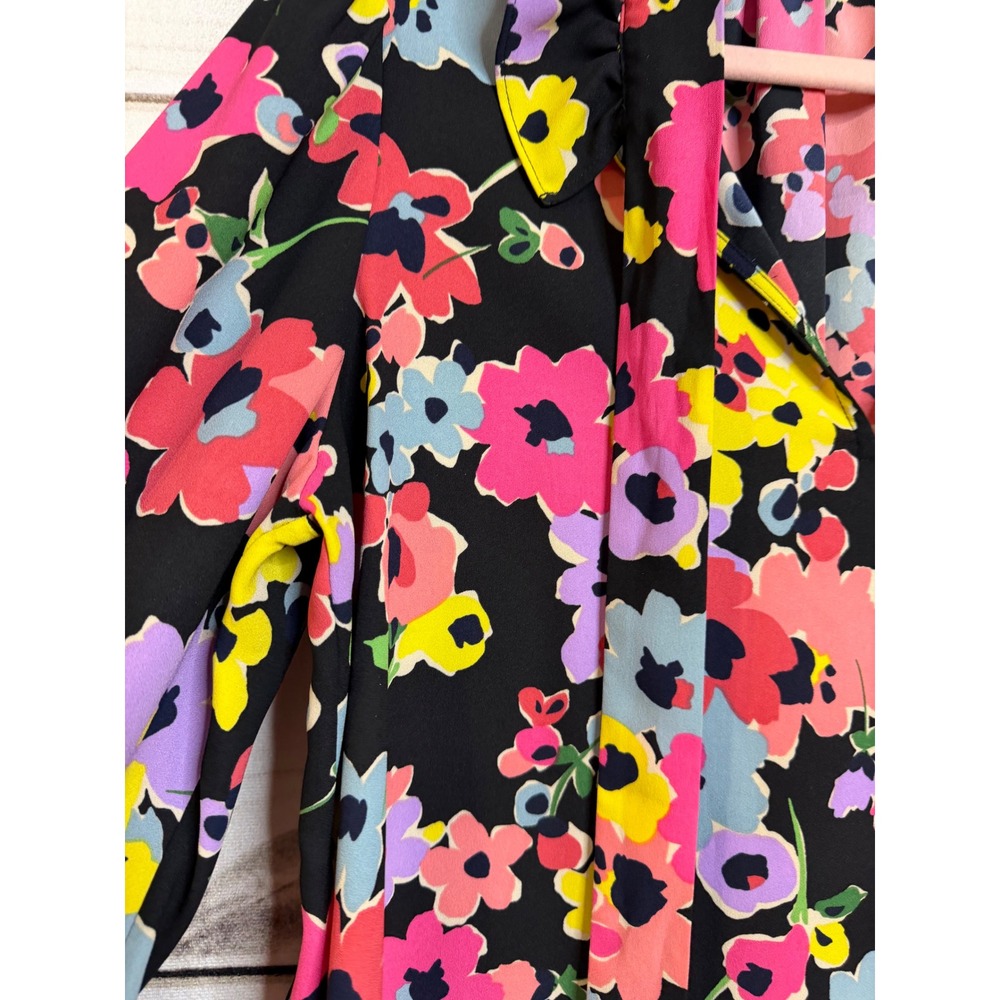 Kate Spade New York Floral Ruffle Tie Neck Blouse Black Multi Color Large Preppy - Picture 3 of 6